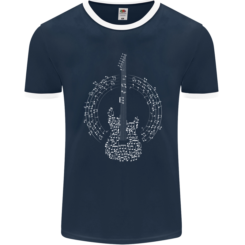 Guitar Notes Electirc Guitarist Player Rock Mens Ringer T-Shirt FotL Navy Blue/White