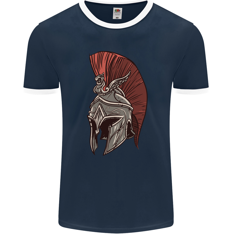 Roman Helmet Bodybuilding Gym Spartan Mens Ringer T-Shirt FotL Navy Blue/White