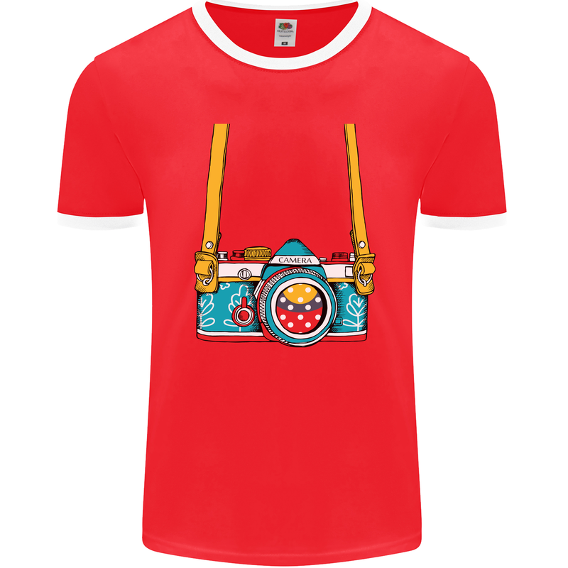 Photography Camera Around Neck Mens Ringer T-Shirt FotL Red/White