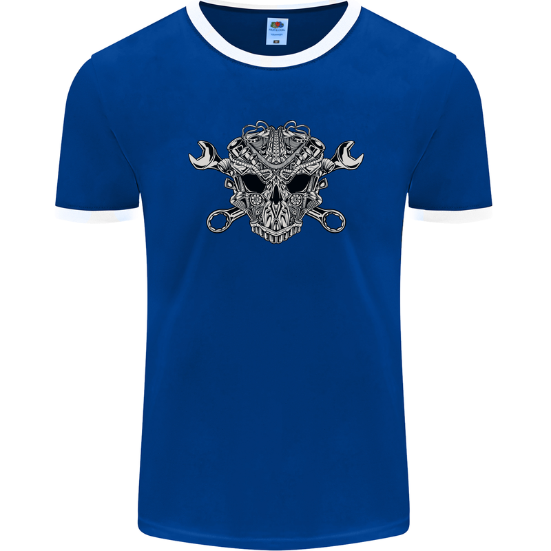 Engine Skull Mechanic Car Biker Motorbike Mens Ringer T-Shirt FotL Royal Blue/White