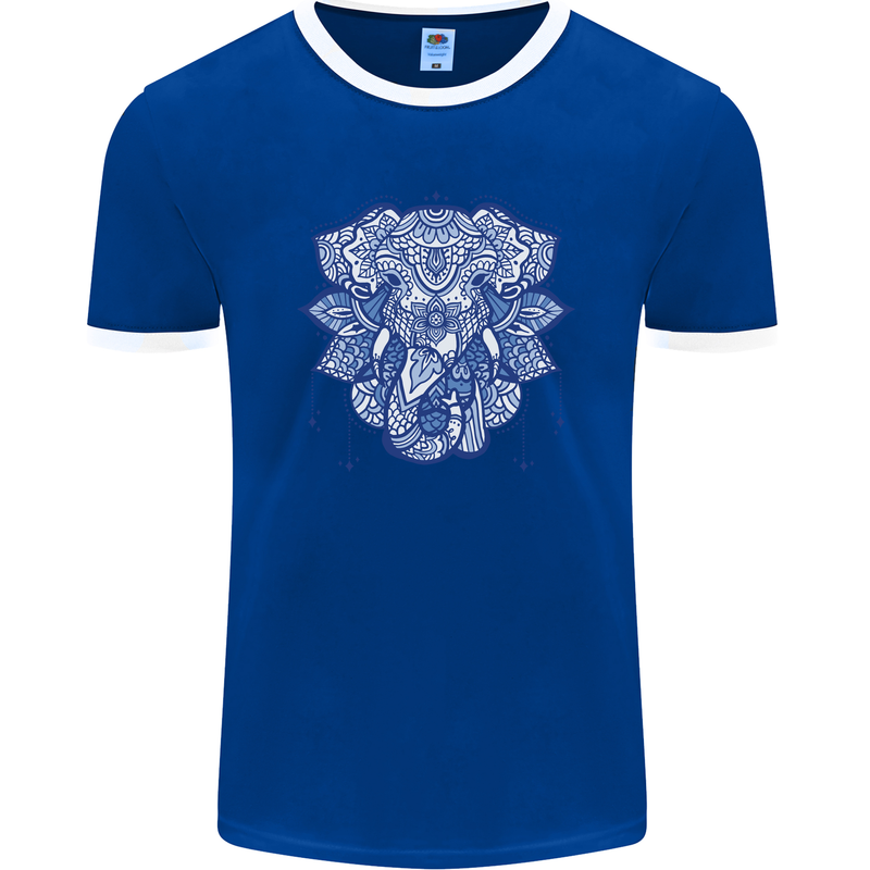 Elephant Mandala Art Mens Ringer T-Shirt FotL Royal Blue/White