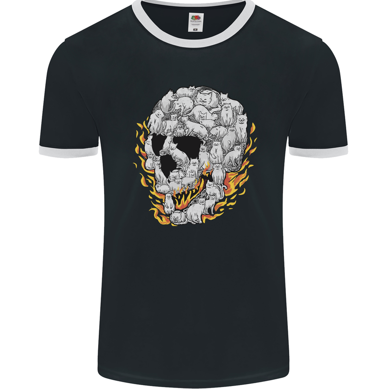 Fire Skull Made of Cats Mens Ringer T-Shirt FotL Black/White