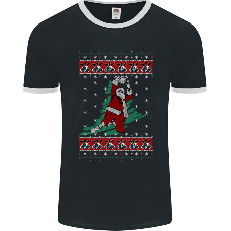 Basketball Santa Player Christmas Funny Mens Ringer T-Shirt FotL Black/White