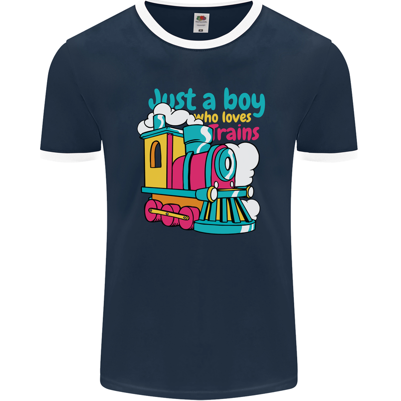 Just a Boy Who Loves Trains Spotter Engine Mens Ringer T-Shirt FotL Navy Blue/White