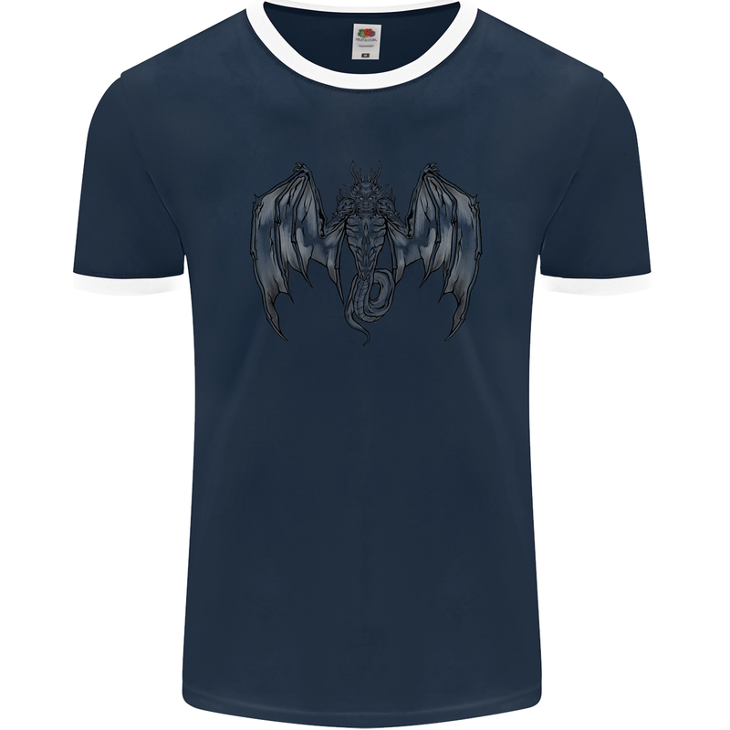 Serpent Dragon Gothic Fantasy Heavy Metal Mens Ringer T-Shirt FotL Navy Blue/White