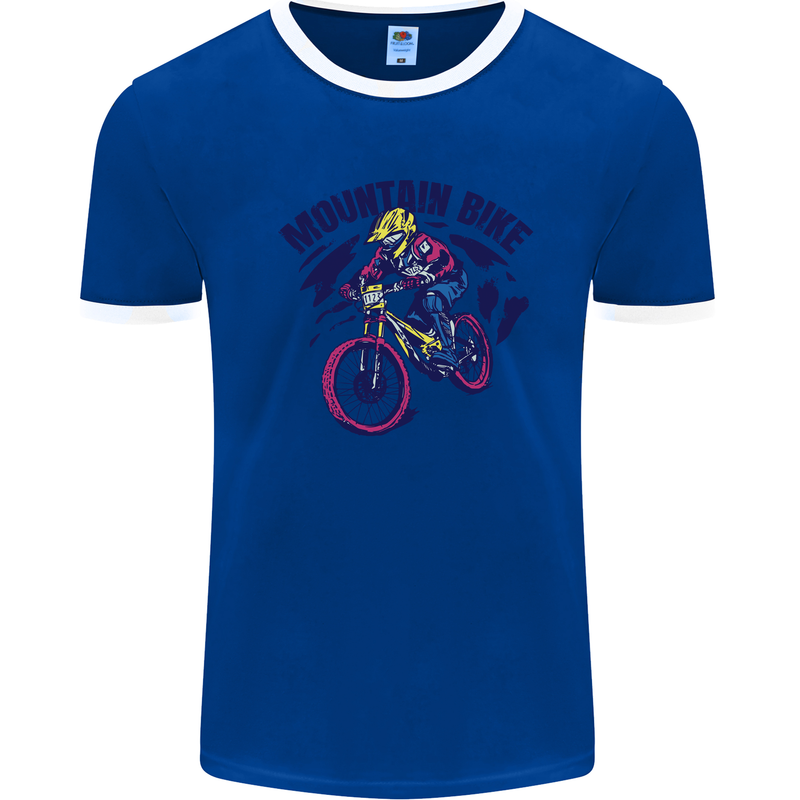 Cycling Mountain Bike Bicycle Cyclist MTB Mens White Ringer T-Shirt Royal Blue/White