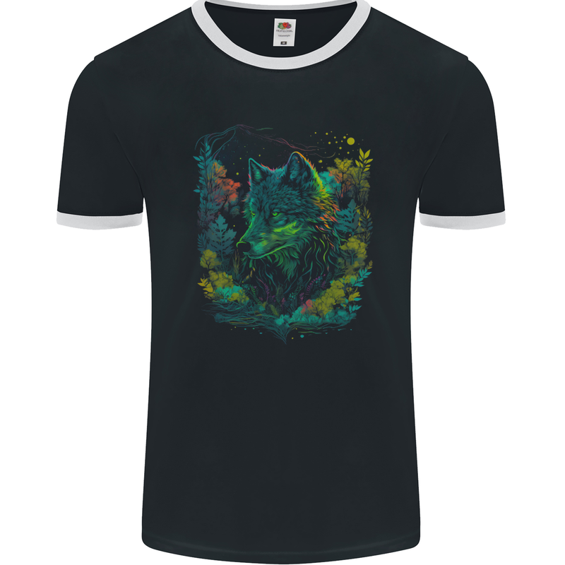 A Fantasy Wolf in the Forest Mens Ringer T-Shirt FotL Black/White