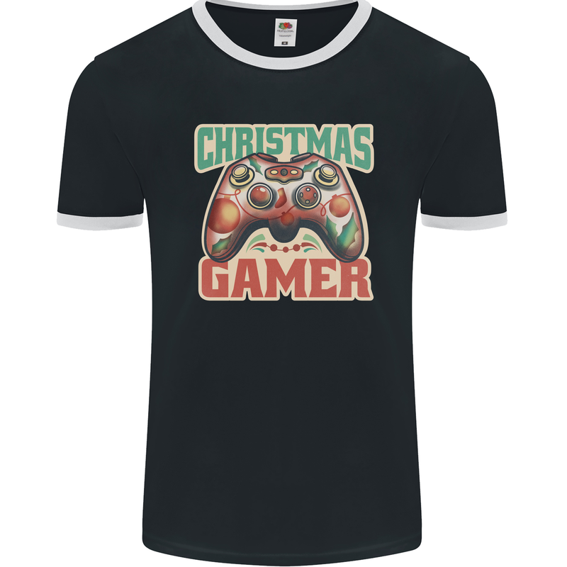 Christmas Gamer Funny Gaming Joypad Mens Ringer T-Shirt FotL Black/White