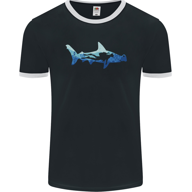 Hammerhead Shark Scuba Diver Diving Mens Ringer T-Shirt FotL Black/White