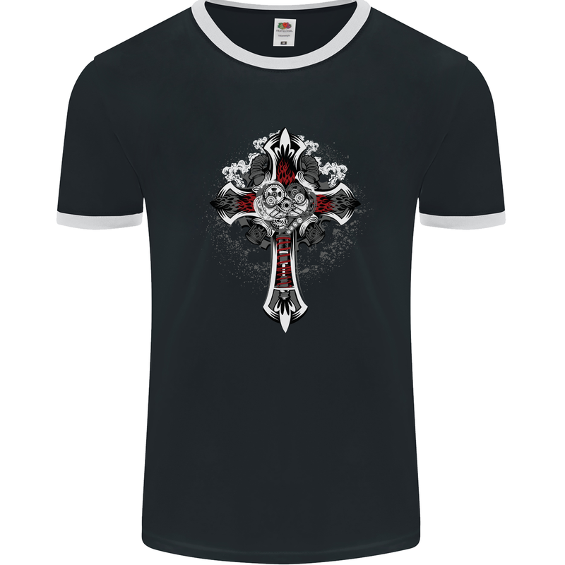 Steampunk Cross Gothic Heavy Metal Biker Mens Ringer T-Shirt FotL Black/White