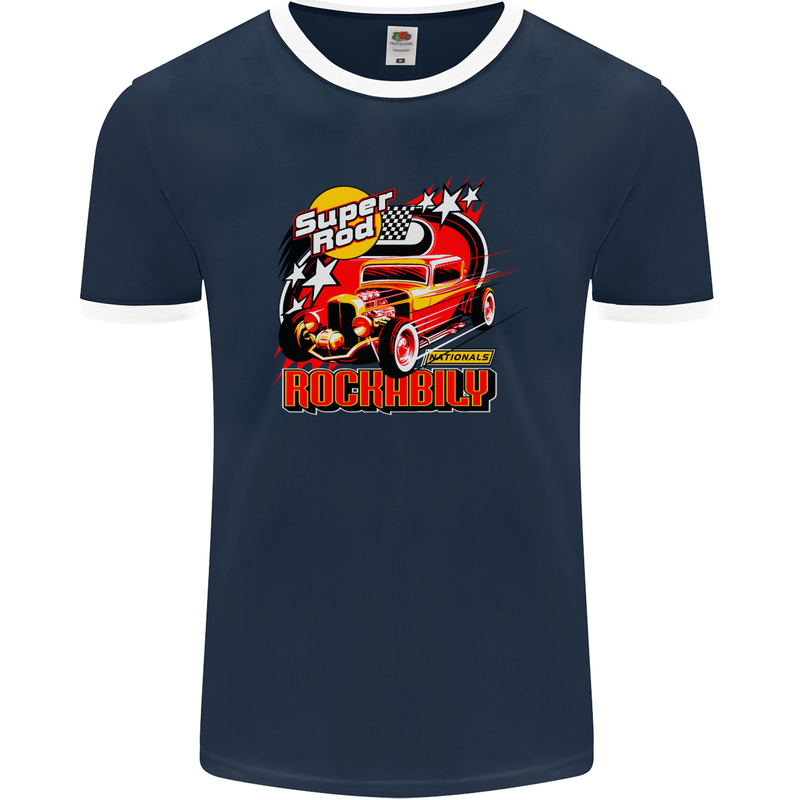 Rockabily Hot Rod Hotrod Dragster Mens Ringer T-Shirt FotL Navy Blue/White