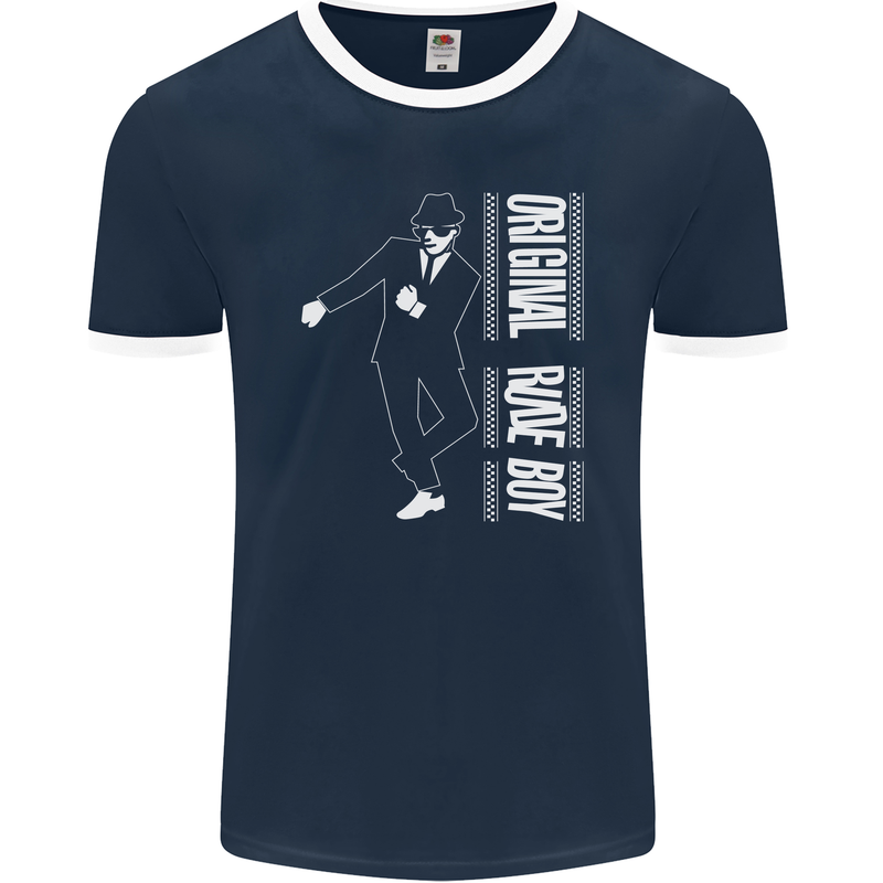 Original Rude Boy 2Tone 2 Tone SKA Mens Ringer T-Shirt FotL Navy Blue/White