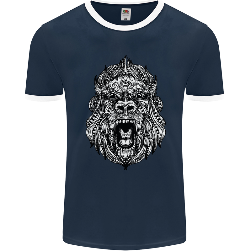 Ape Mandala Art Mens Ringer T-Shirt FotL Navy Blue/White