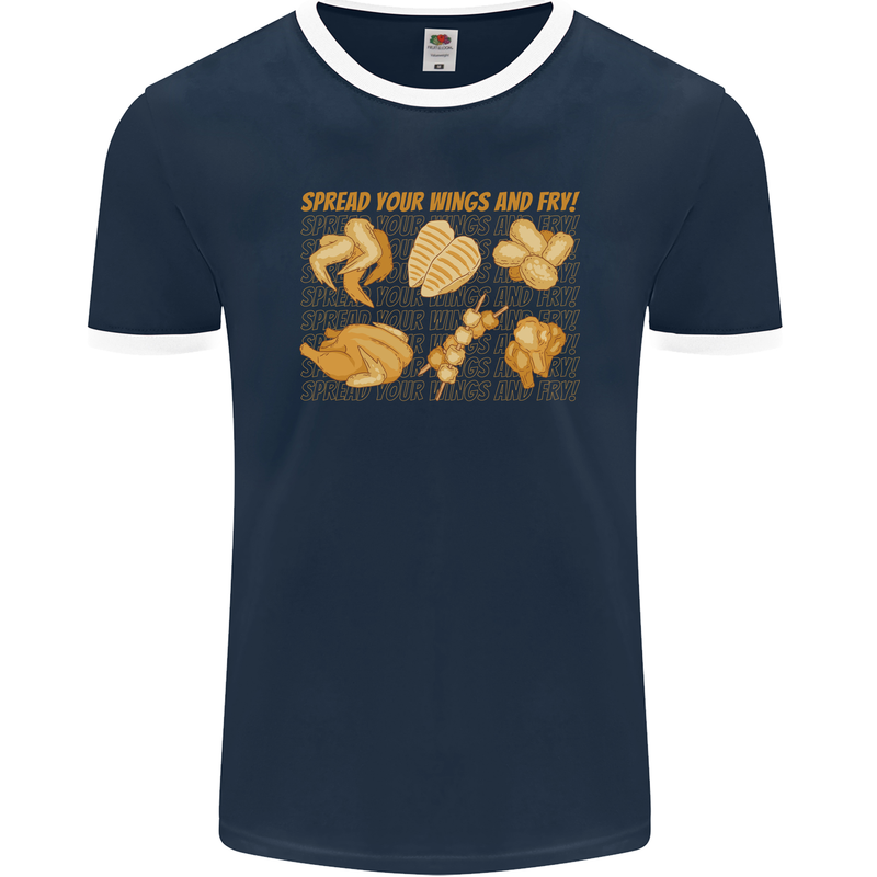 Spread Your Wings & Fry Funny Chicken BBQ Mens Ringer T-Shirt FotL Navy Blue/White