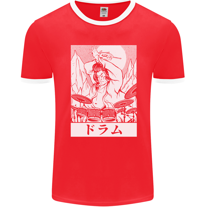 Sumo Wrestler Drummer Drumming Drums Mens Ringer T-Shirt FotL Red/White