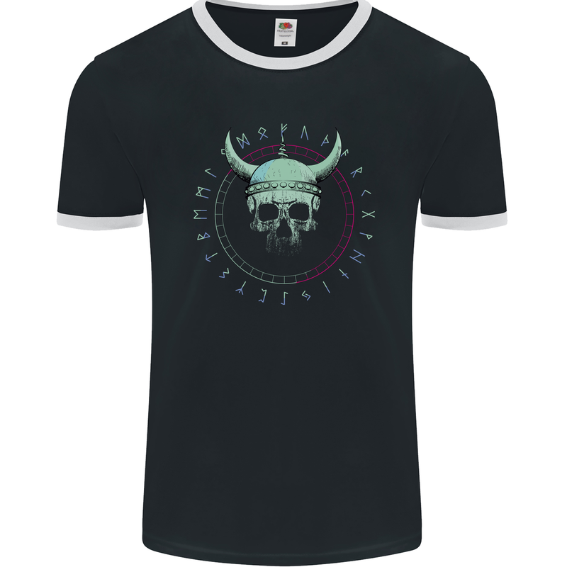 Viking Skull Runic Text Mens Ringer T-Shirt FotL Black/White