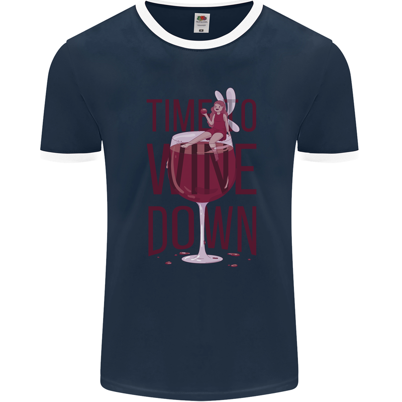 Time to Wine Down Funny Alcohol Mens Ringer T-Shirt FotL Navy Blue/White