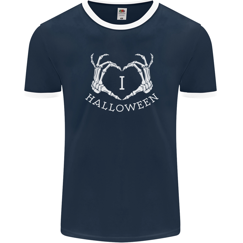 I Love Halloween Funny Skeleton Hand Skull Mens Ringer T-Shirt FotL Navy Blue/White