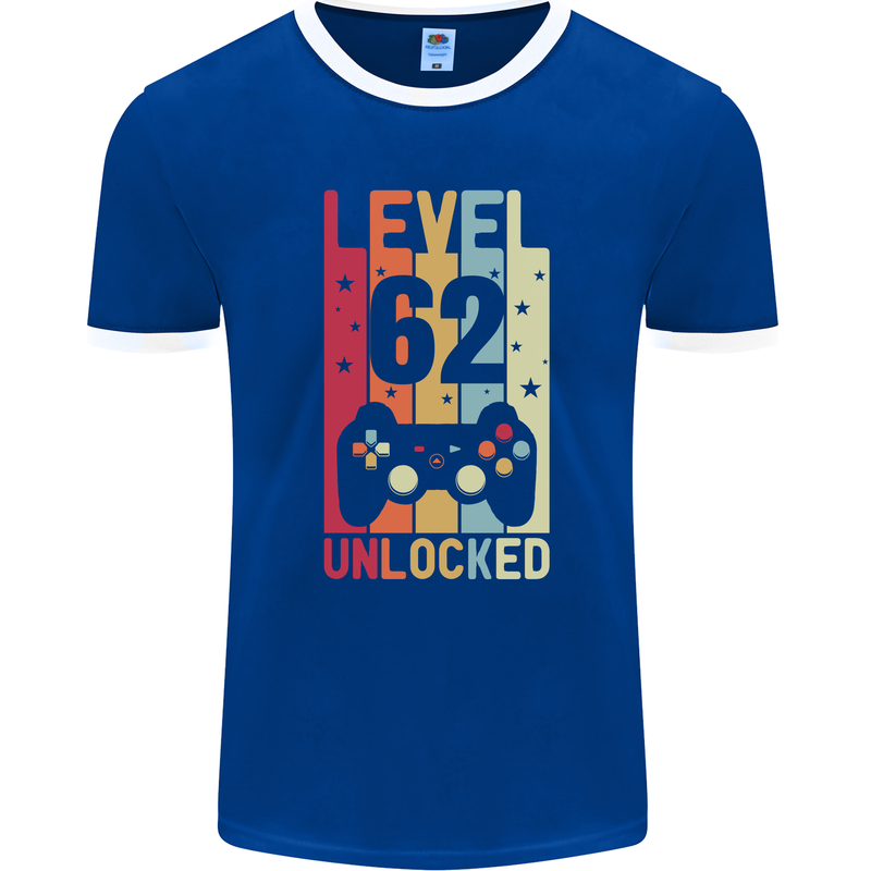 62nd Birthday 62 Year Old Level Up Gamming Mens Ringer T-Shirt FotL Royal Blue/White