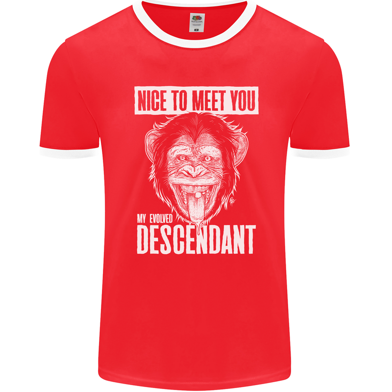 Chimp Evolved Dessendant Funny Monkey Ape Mens Ringer T-Shirt FotL Red/White