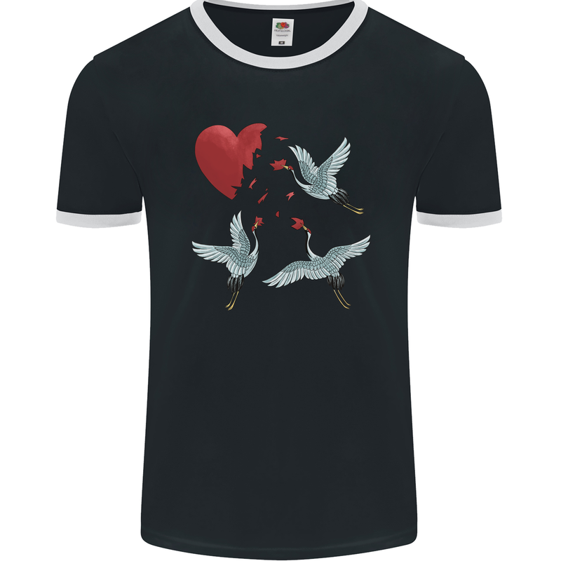 Crane Heart Anti Valentines Day Single Funny Mens Ringer T-Shirt FotL Black/White