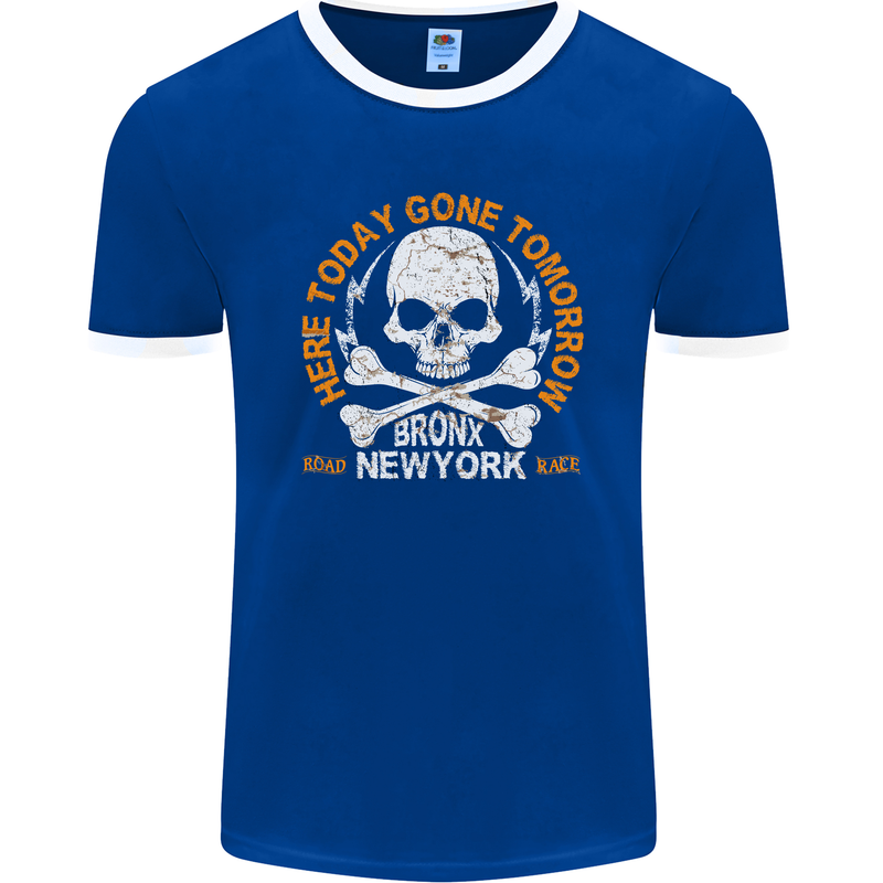 Biker Skull Here Today Motorbike Motorcycle Mens Ringer T-Shirt FotL Royal Blue/White