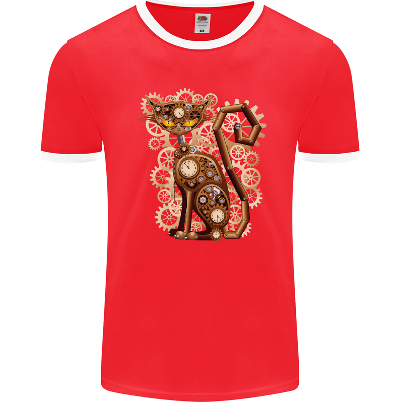 Steampunk Cat Mens Ringer T-Shirt FotL Red/White