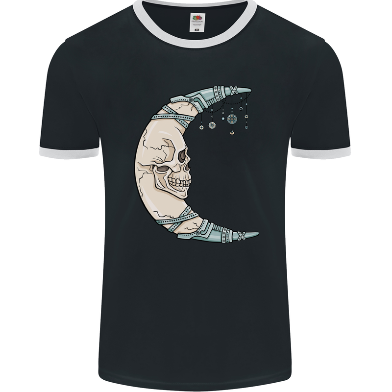 Steampunk Moon Skull Mens Ringer T-Shirt FotL Black/White