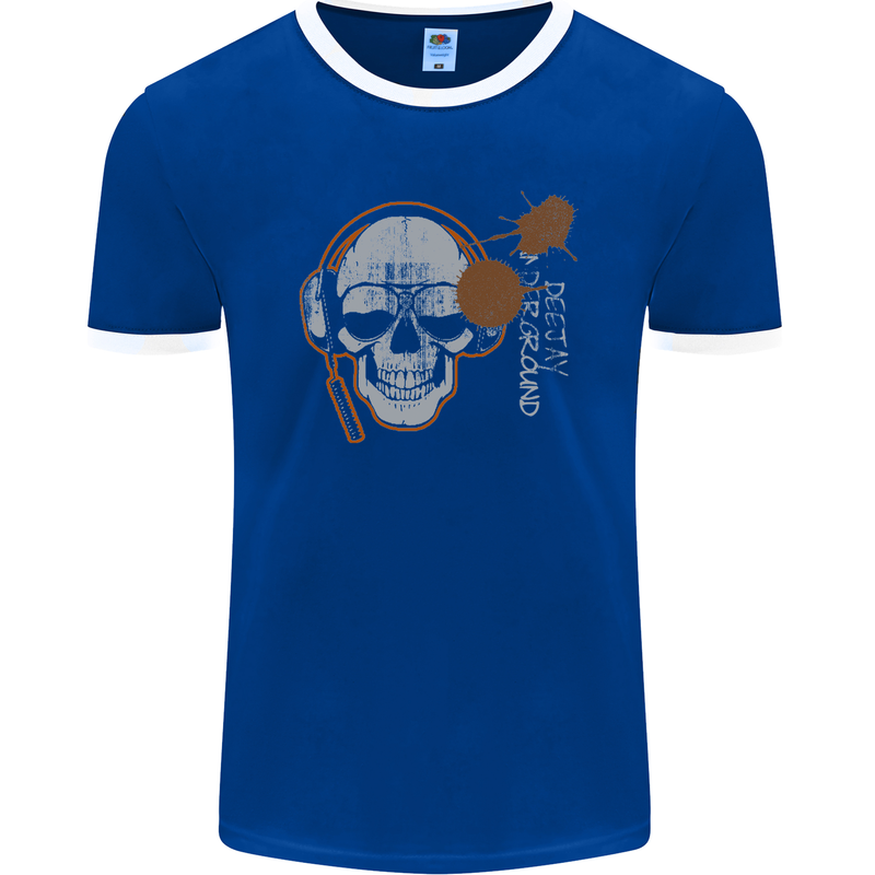 Underground DJ Skull DJing Music Mens Ringer T-Shirt FotL Royal Blue/White