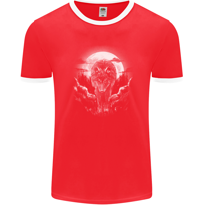 Lone Wolf In the Moonlight Mens Ringer T-Shirt FotL Red/White