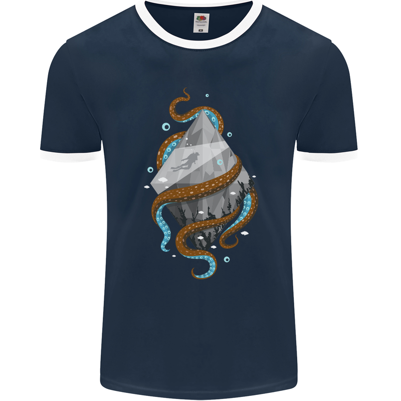 Abstract Scuba Diver Diving Dive Mens Ringer T-Shirt FotL Navy Blue/White