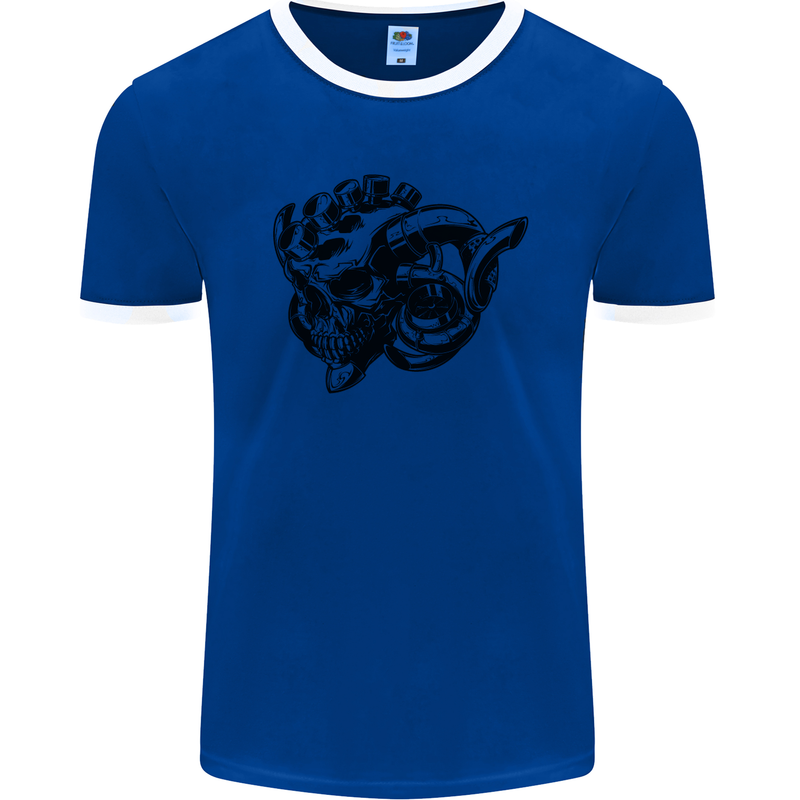 Turbo Skull Car Enthusiast Engine Drifting Mens Ringer T-Shirt FotL Royal Blue/White