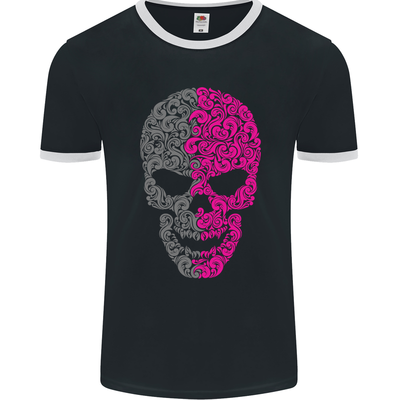 Pink and Grey Skull Pattern Gothic Biker Mens Ringer T-Shirt FotL Black/White