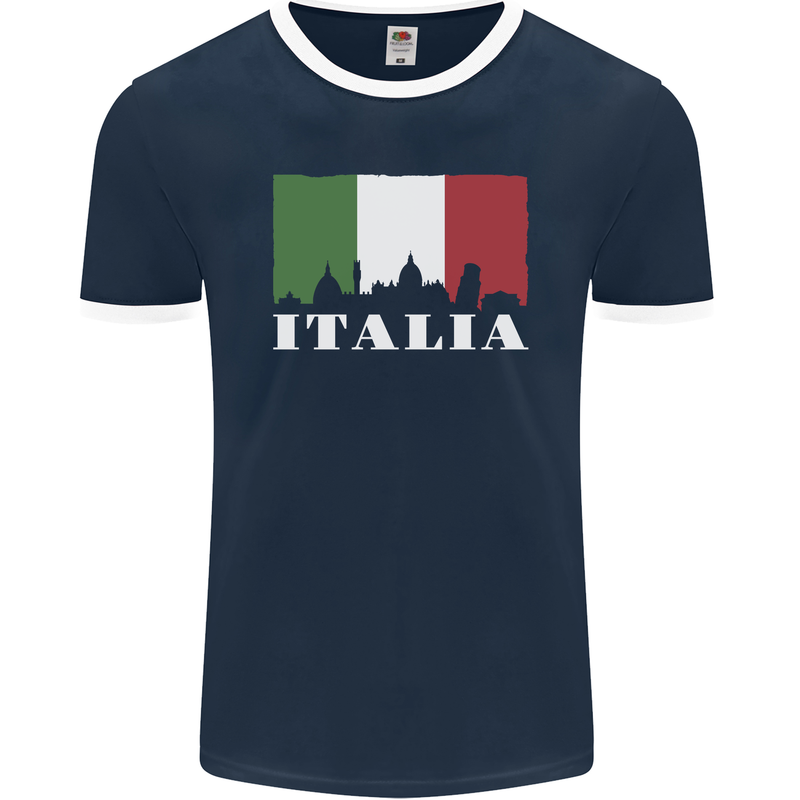 Italy Skyline Italian Flag Mens Ringer T-Shirt FotL Navy Blue/White