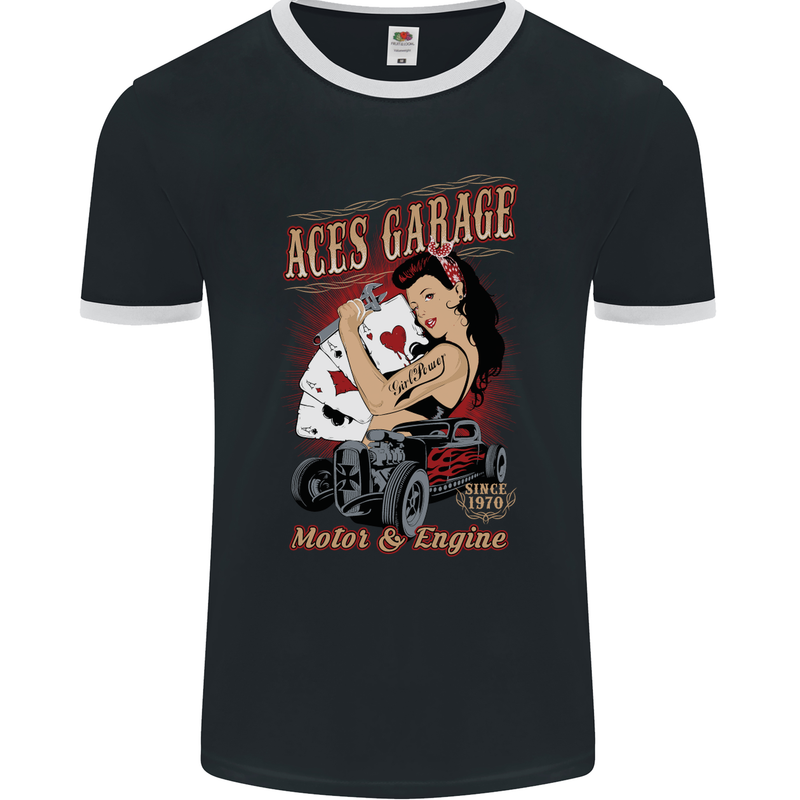 Aces Garage Hotrod Hot Rod Dragster Car Mens Ringer T-Shirt FotL Black/White