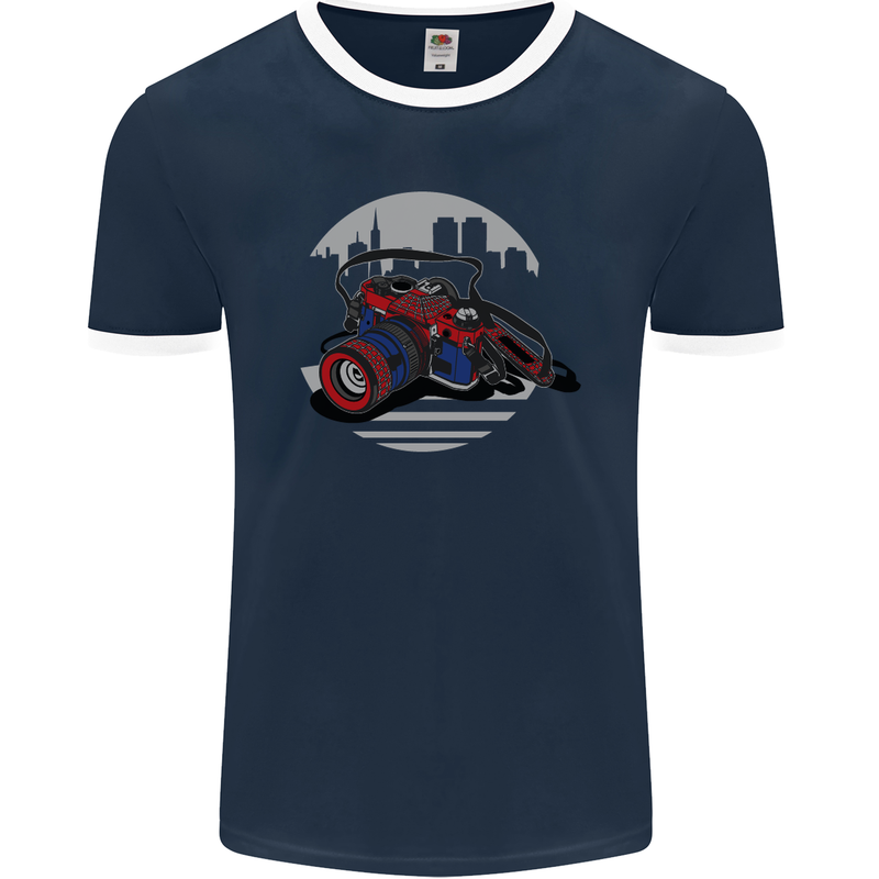 Superhero Camera Photography Photorapher Mens Ringer T-Shirt FotL Navy Blue/White