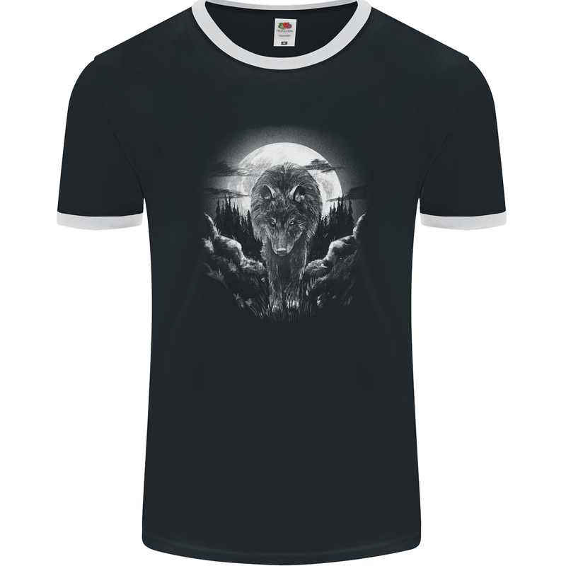 Lone Wolf In the Moonlight Mens Ringer T-Shirt FotL Black/White
