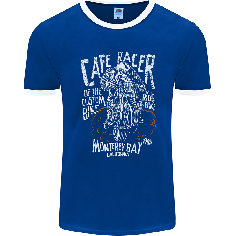 Cafe Racer Skull Motorcycle Biker Motorbike Mens Ringer T-Shirt FotL Royal Blue/White