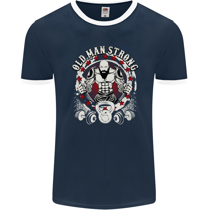 Old Man Strong Gym Age Bodybuilding Mens Ringer T-Shirt FotL Navy Blue/White