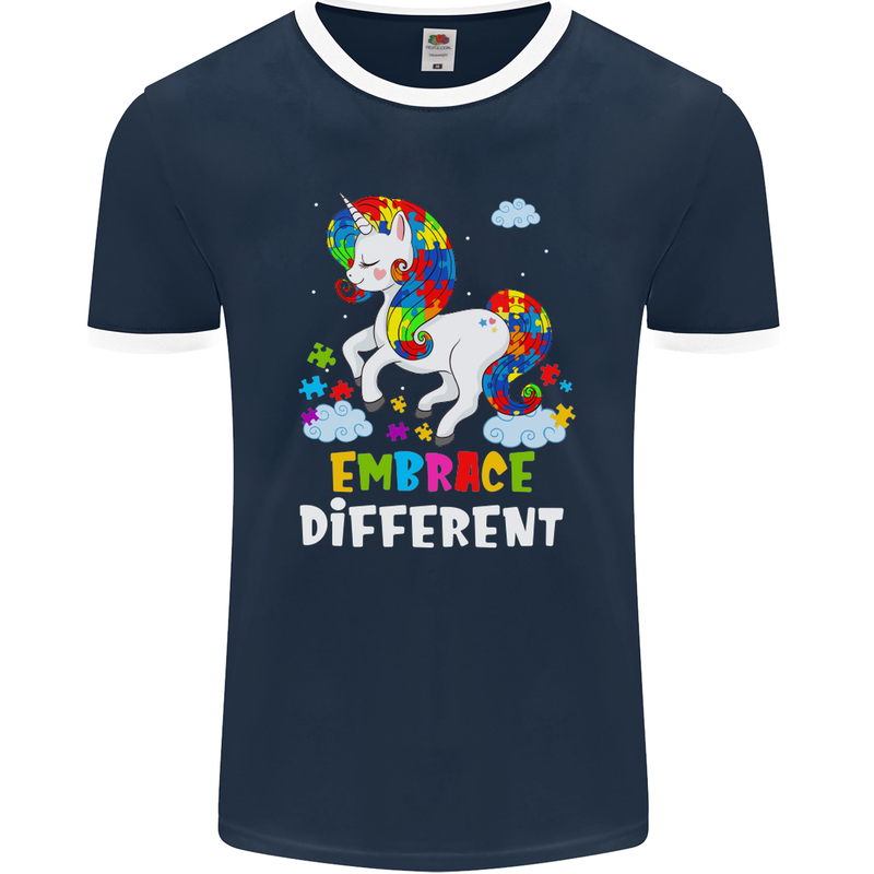 Autism Unicorn Embrace Different Autistic Mens Ringer T-Shirt FotL Navy Blue/White
