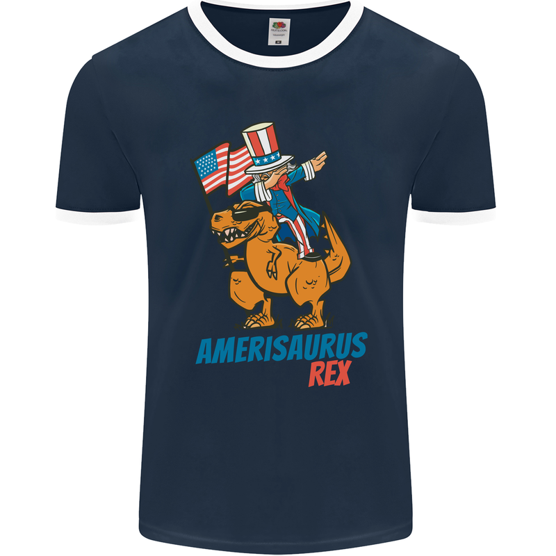 Amerisaurus T-Rex Dabbing Uncle Sam USA Mens Ringer T-Shirt FotL Navy Blue/White