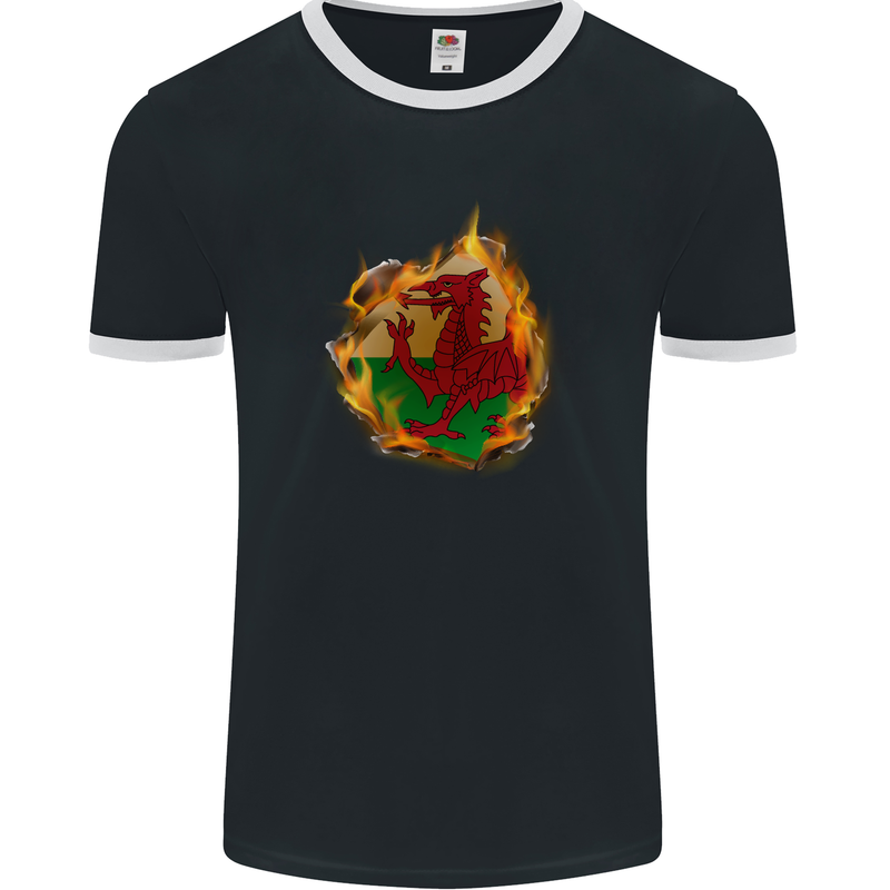 The Welsh Flag Fire Effect Wales Mens Ringer T-Shirt FotL Black/White