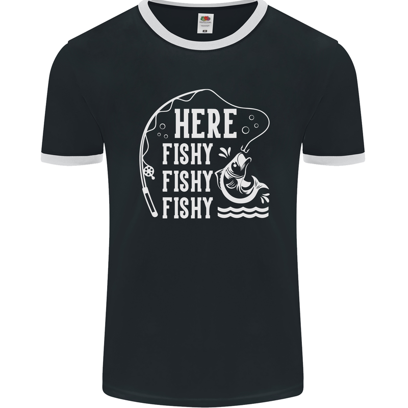 Here Fishy Fishy Funny Fishing Fisherman Mens Ringer T-Shirt FotL Black/White