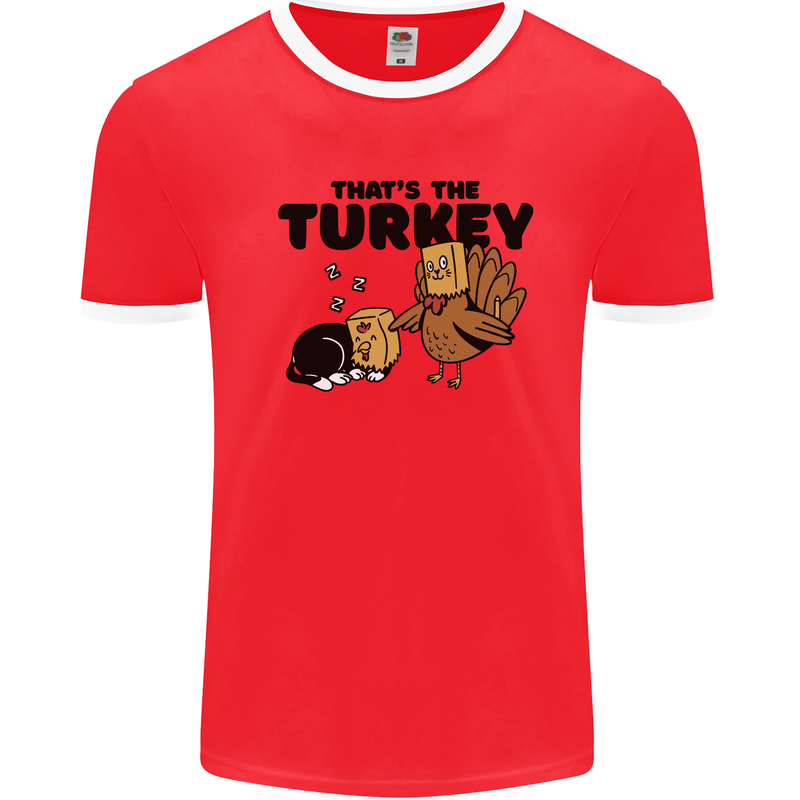 Thanks Giving Christmas Turkey Cat Mens Ringer T-Shirt Red/White