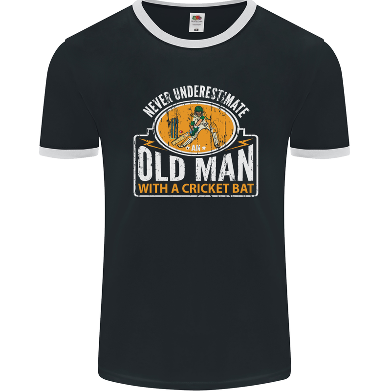 An Old Man With a Cricket Bat Cricketer Mens Ringer T-Shirt FotL Black/White