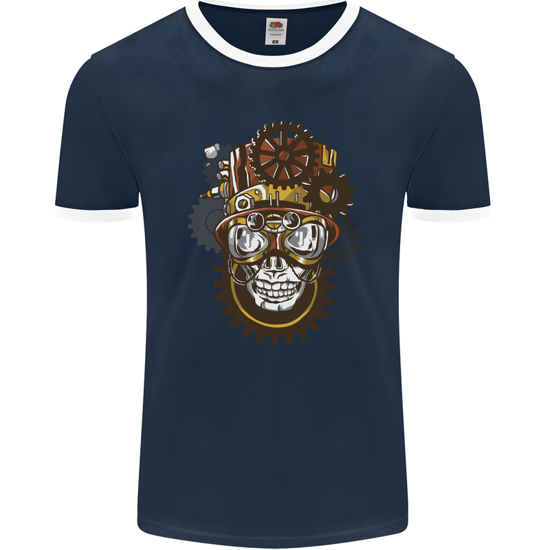 Steampunk Skull Mens Ringer T-Shirt FotL Navy Blue/White