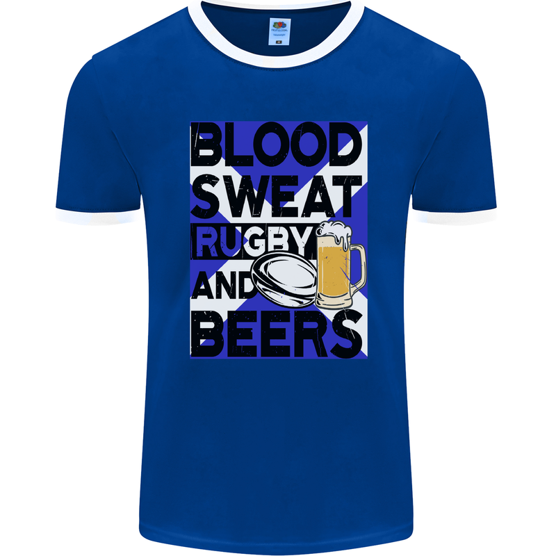 Blood Sweat Rugby and Beers Scotland Funny Mens Ringer T-Shirt FotL Royal Blue/White