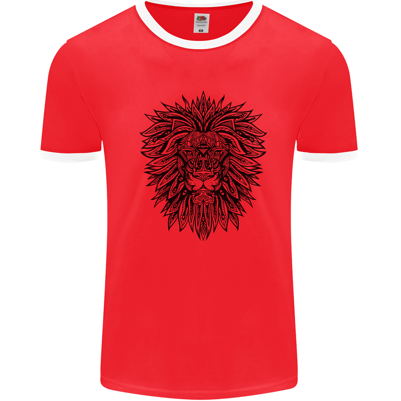 Mandala Lion Mens White Ringer T-Shirt Red/White