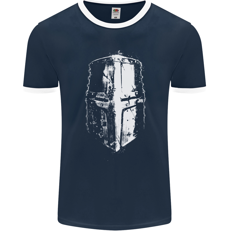 Medieval Helmet Gym Training Top Bodybuilding Mens Ringer T-Shirt FotL Navy Blue/White