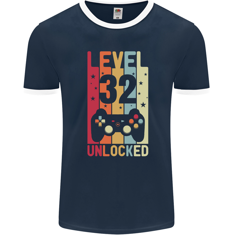 32nd Birthday 32 Year Old Level Up Gamming Mens Ringer T-Shirt FotL Navy Blue/White